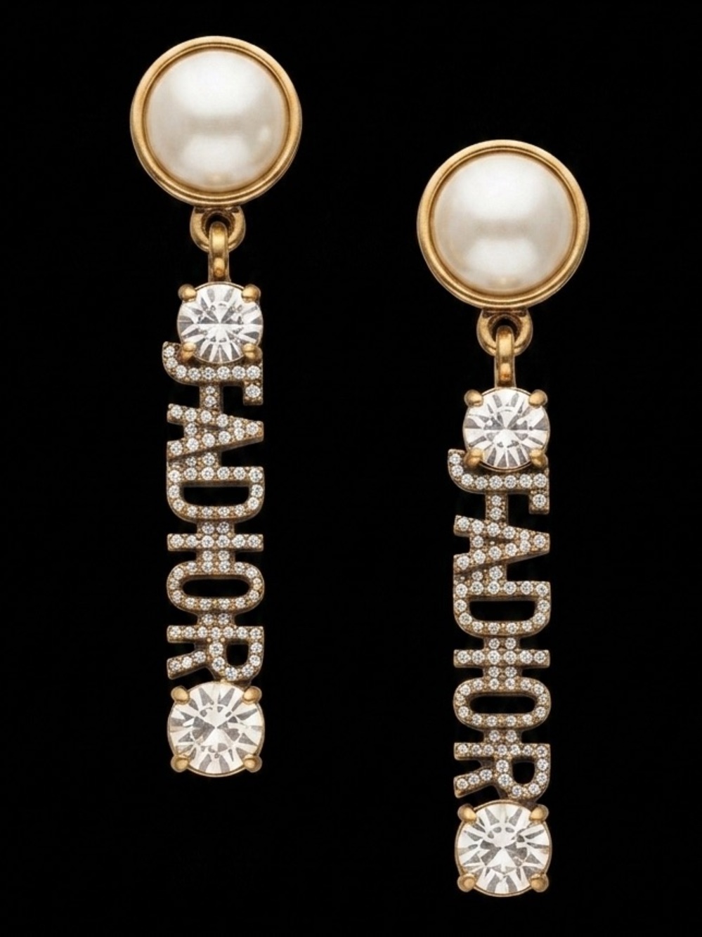 Beautiful Gold-Tone Pearl Drop Earrings with Crystal Letters /Accented Bars